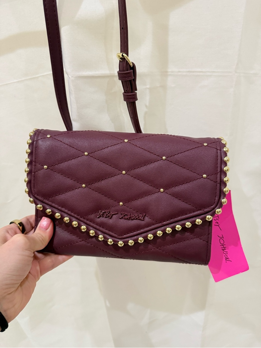 Betsey Johnson Quilted Stud-Trim Crossbody in Burgundy